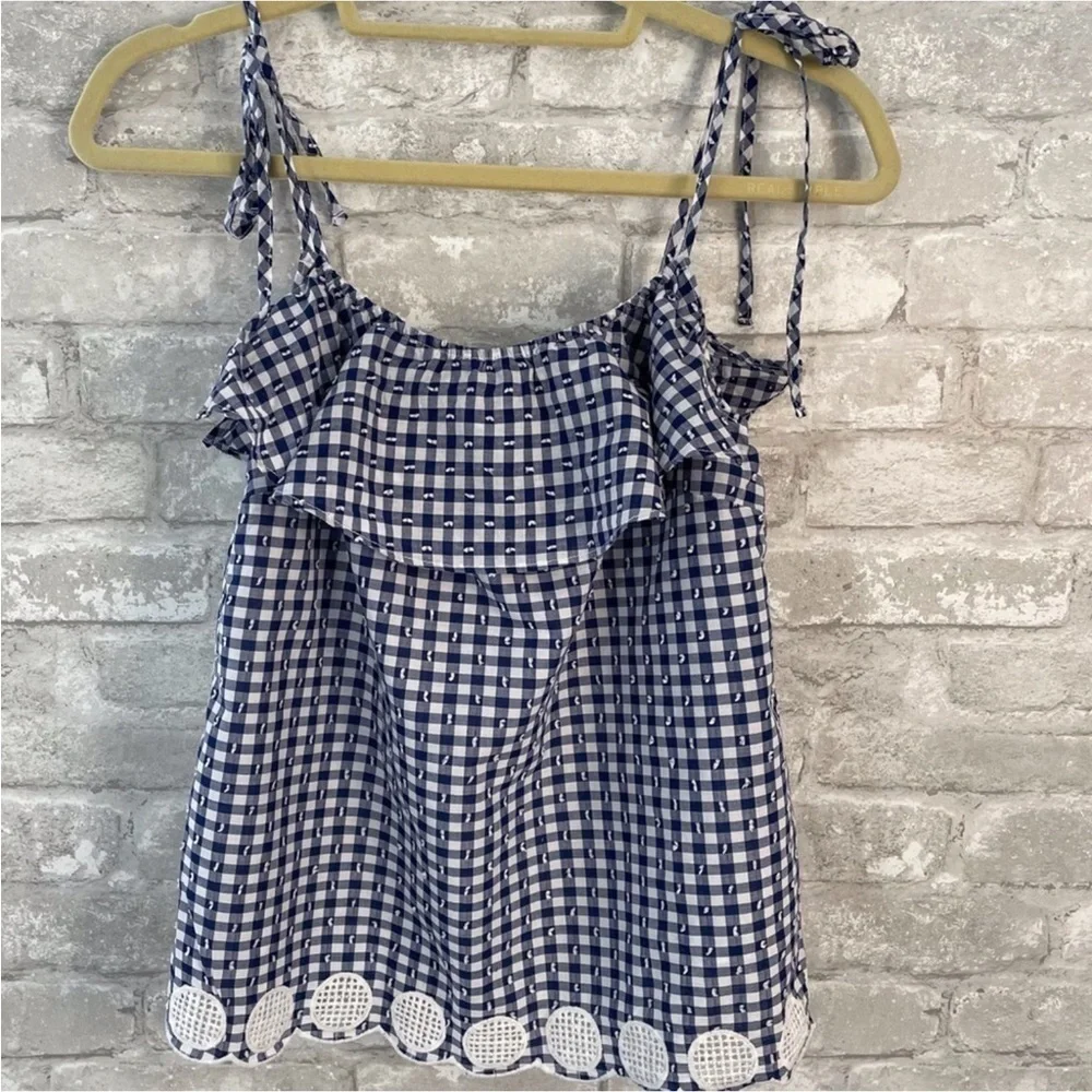 J.Crew Gingham Plaid Ruffle Tie Shoulder Top